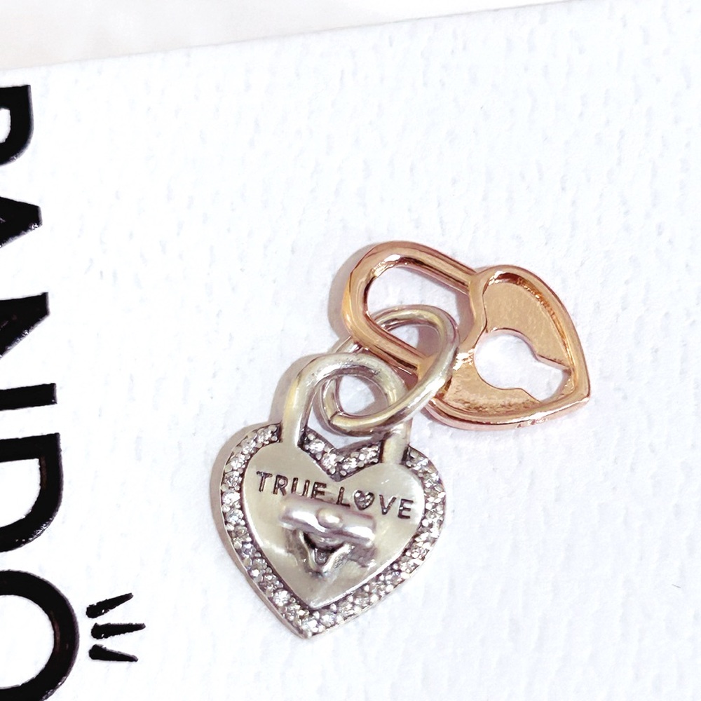 PANDORA Two-tone Twistable Heart Padlock Double Dangle Charm w/box - Picture 4 of 11